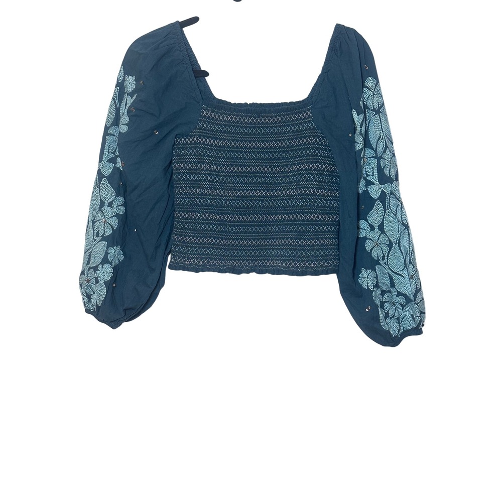 Anthropologie Teal‎ Smocked Embroidered Puff Sleeve Crop Top  XS Floral Boho